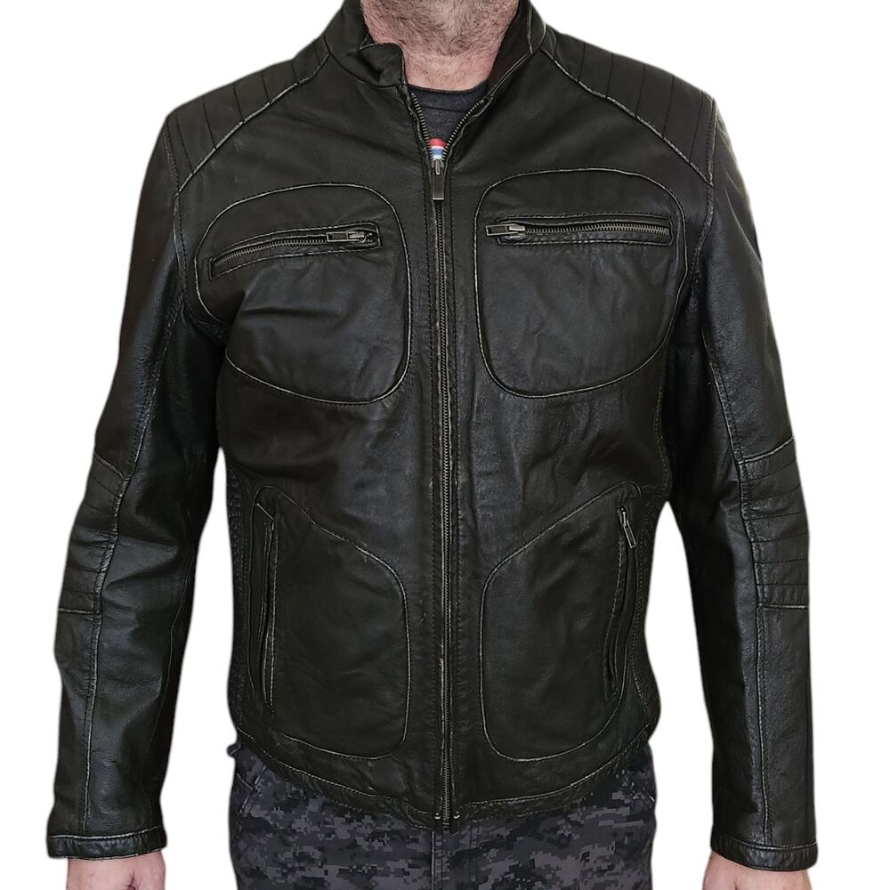 BLACK RIVET men's moto motorcycle black distressed leather bikercore jacket Sz L